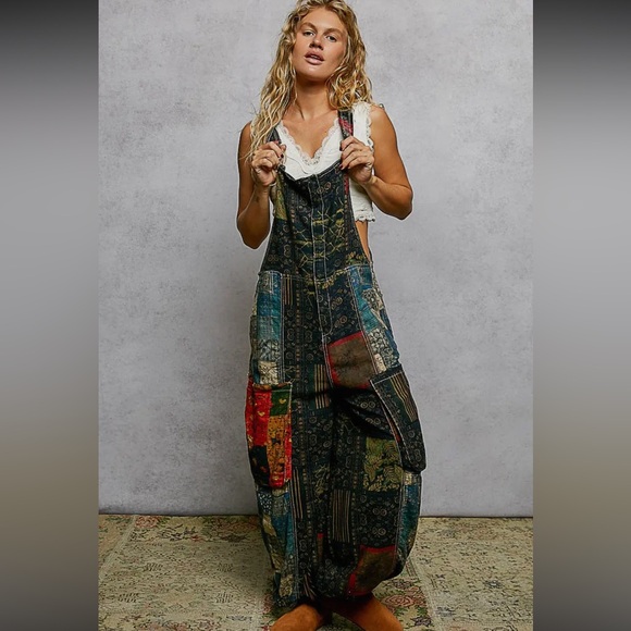 POL Pants - Boho Patchwork Wide-Leg Overalls - Multicolor